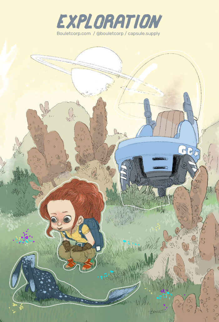 Planches d’autocollants représentant une petites fille accroupie près de son vaisseau spatial contemplant un animal extra-terrestre
